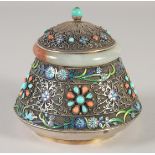 A SUPERB SILVER FILIGREE CORAL AND TURQUOISE STUDDED BOX AND COVER, with jade banded rim and