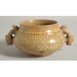 A CHINESE CRACKLE GLAZE TWIN HANDLE CENSER, 16cm handle to handle.