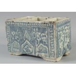A RARE LARGE 17TH CENTURY PERSIAN SAFAVID BLUE AND WHITE GLAZED POTTERY BOX, with three open