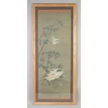 A 19TH CENTURY FRAMED JAPANESE SCROLL PAINTING ON SILK, depicting cranes - with two embroidered