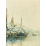 Albert Pollitt (1856-1926) British, 'In Dock Sunderland', sailboats moored in a harbour,