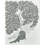 Ram Singh Urveti (b. 1970) Indian Gond Artist, a bird beneath a tree, ink on paper, signed, 14" x