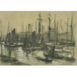Carlos Grethe (1864-1913) Uruguay, a view of moored boats, charcoal and chalk, signed and with