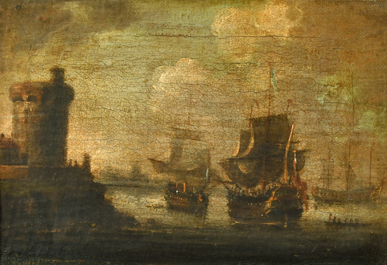 18th Century School, possibly Dutch, ships approaching a fortified harbour, oil on canvas, 5.75" x