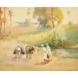 Frank Dean (1865-1947) British, figures and donkeys by water with dwellings beyond, watercolour,