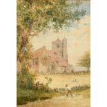 William Bell Scott (1811-1890) Scottish, A figure scything hay, a church beyond, watercolour,