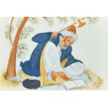 Indian School, An elder seated under a tree reading text, watercolour on card, signed, 5" x 7.