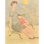 20th Century, a study of a mother and child seated on a bench, watercolour, indistinctly signed, 9.