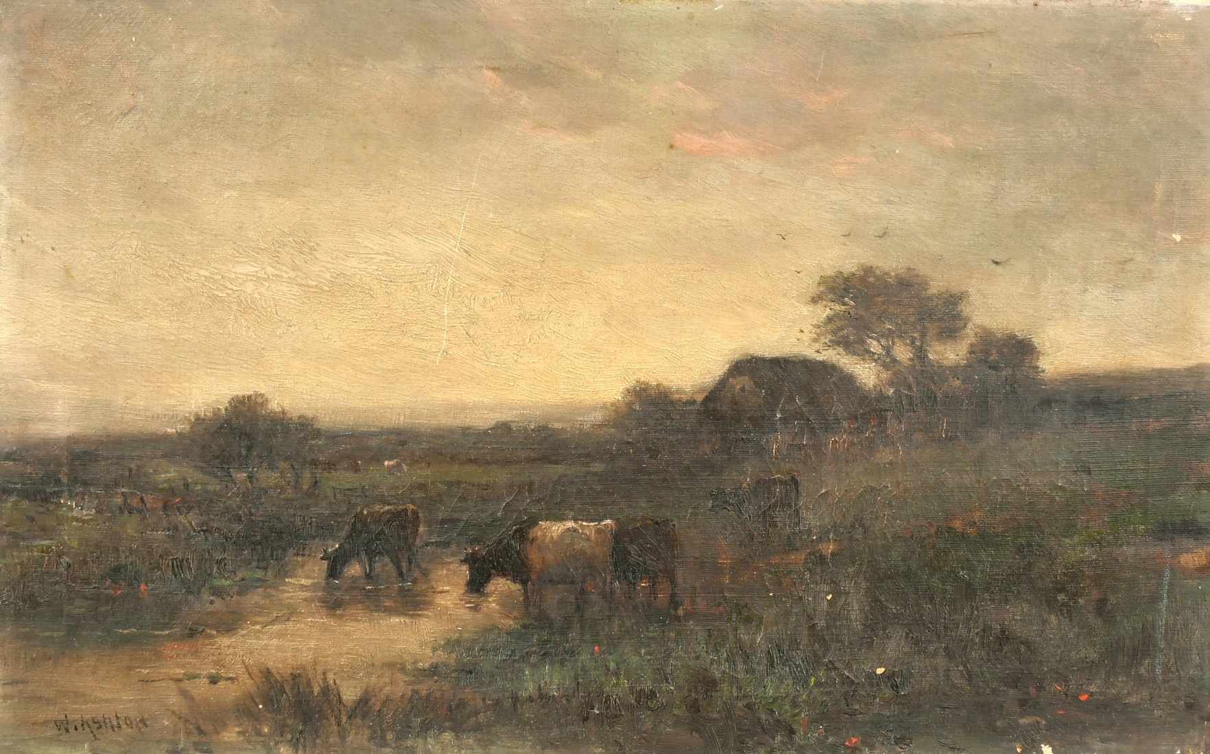 William Ashton (1853-1927) British, cattle watering at dusk, oil on canvas,signed, 12" x 19" (30 x