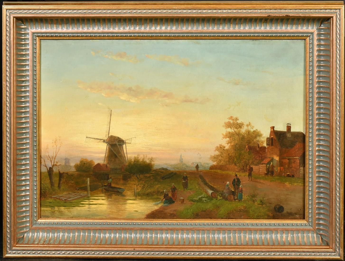 Late 19th/Early 20th Century Dutch School, figures gathered by a windmill at dusk, oil on canvas, - Image 2 of 4