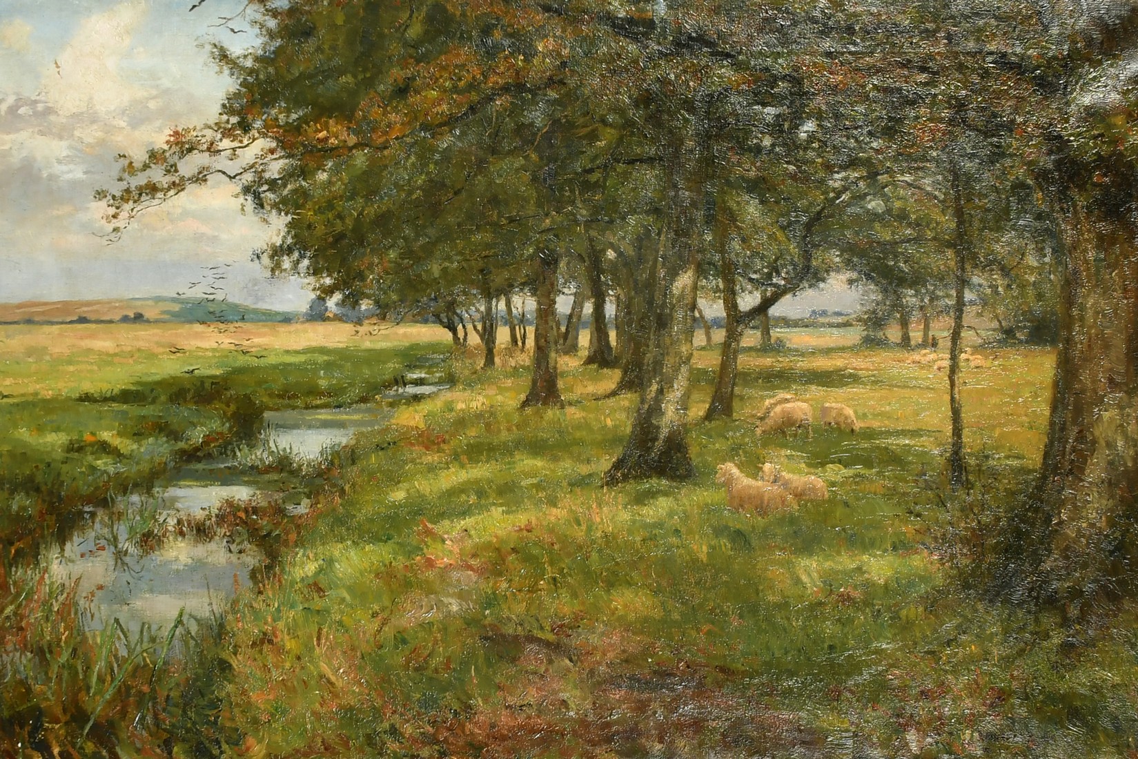 Annette Elias (1849-1921) British, An extensive landscape with sheep grazing beneath trees near to a