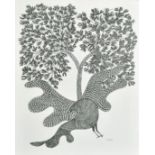 Ram Singh Urveti (b. 1970) Indian Gond Artist, a bird beneath a tree, ink on paper, signed, 14" x