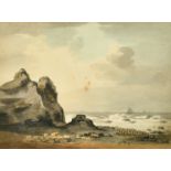 Early 19th Century English School, A rocky coastal scene with ships on the horizon, watercolour, 9.