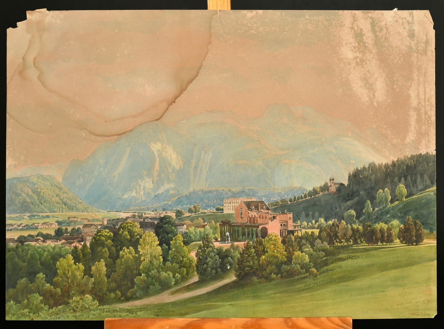 Thomas Ender (1793-1875), a view of a town in a Continental valley, watercolour, signed, 11" x 15. - Image 2 of 4