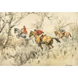 Henry Wilkinson (1921-2011) British, figures on horseback hunting, etching in colours, signed in