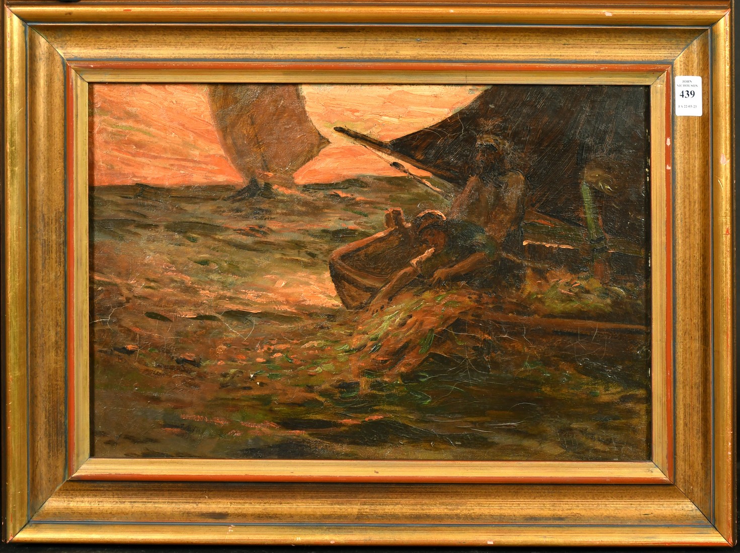 Kirkpatrick (19th/20th Century), figures hauling nets at dusk, oil on canvas, signed, 12" x 18", (30 - Image 2 of 4