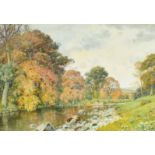 John McDougal, 'Autumn Tints, Bolton Abbey, Yorks', watercolour, signed and dated 1930, label verso,