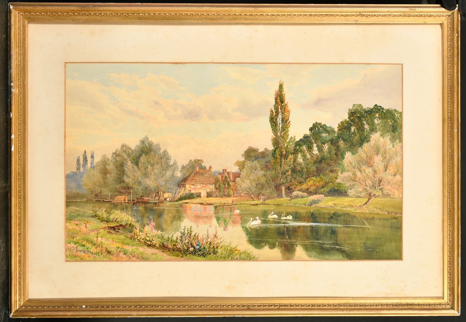 Albert Stevens (late 19th Century) British, swans on a river with a distant cottage, watercolour, - Image 2 of 4