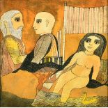 Attributed to Badri Narayan (1929-2013) Indian, a female nude and two other figures by a stream,