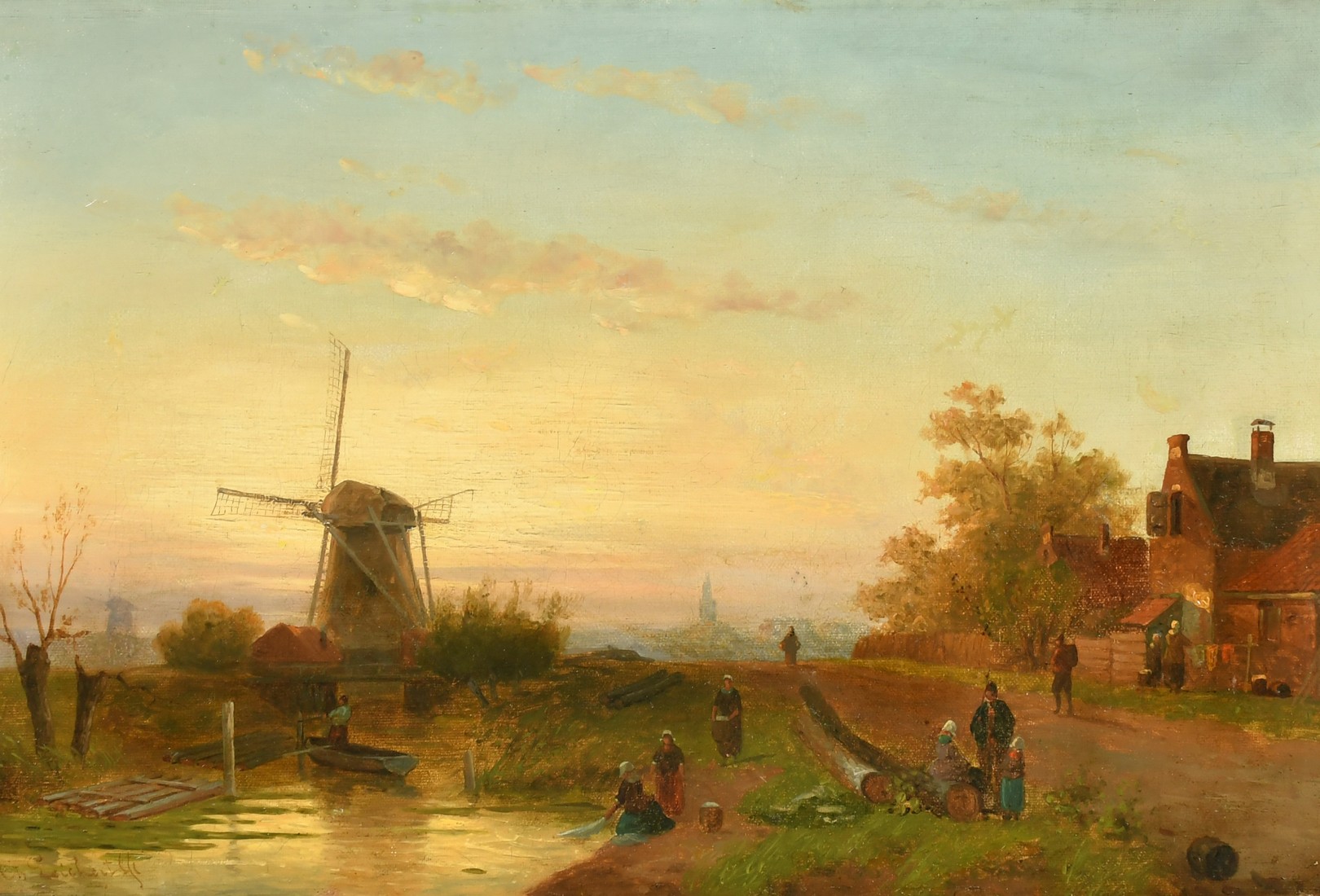 Late 19th/Early 20th Century Dutch School, figures gathered by a windmill at dusk, oil on canvas,