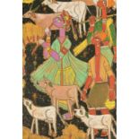 A. A. Almelkar (1920-1982) Indian, female figures amongst livestock, gouache, signed, 25" x 17" (