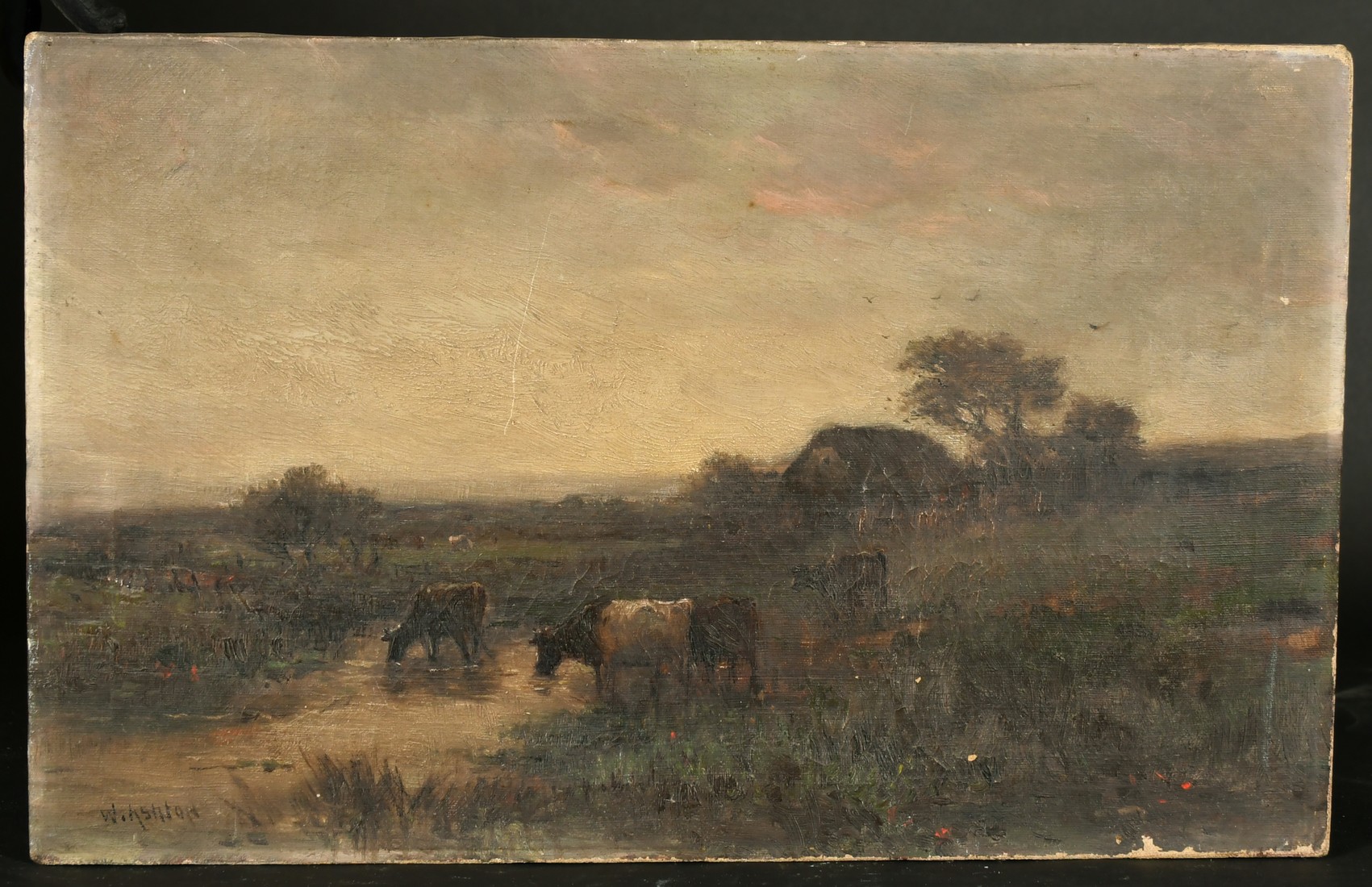 William Ashton (1853-1927) British, cattle watering at dusk, oil on canvas,signed, 12" x 19" (30 x - Image 2 of 6