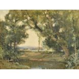 Samuel John Lamorna Birch, a woodland pool with a distant town beyond, watercolour, signed, 13" x