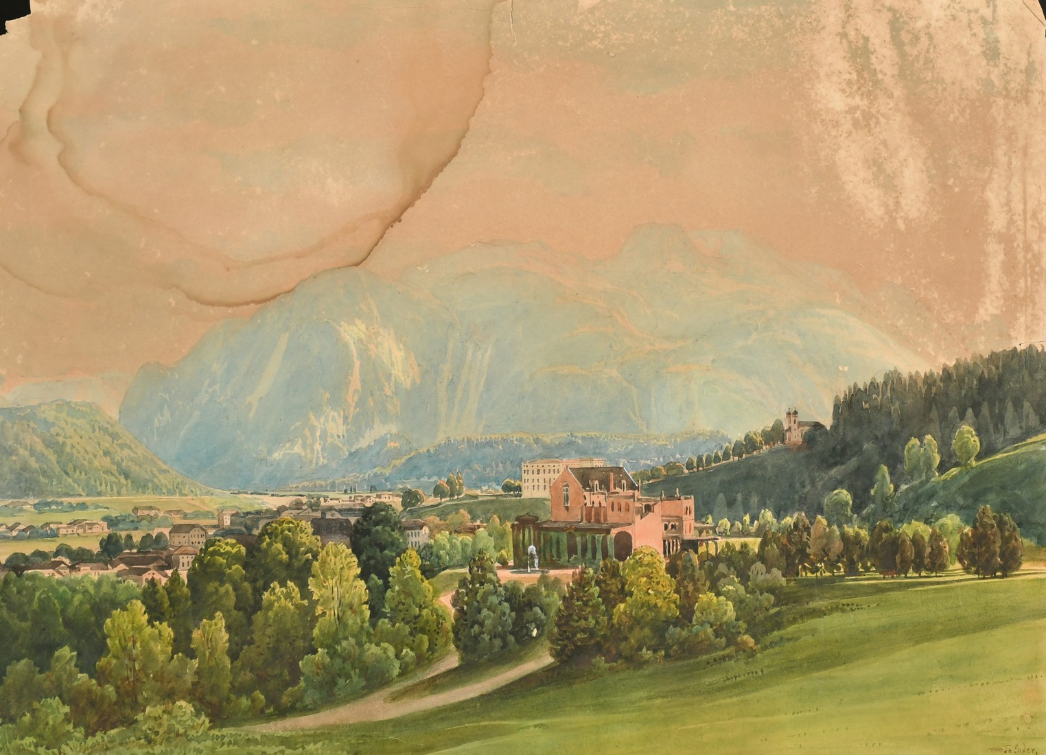 Thomas Ender (1793-1875), a view of a town in a Continental valley, watercolour, signed, 11" x 15.