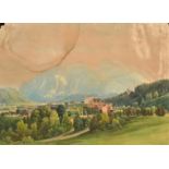 Thomas Ender (1793-1875), a view of a town in a Continental valley, watercolour, signed, 11" x 15.