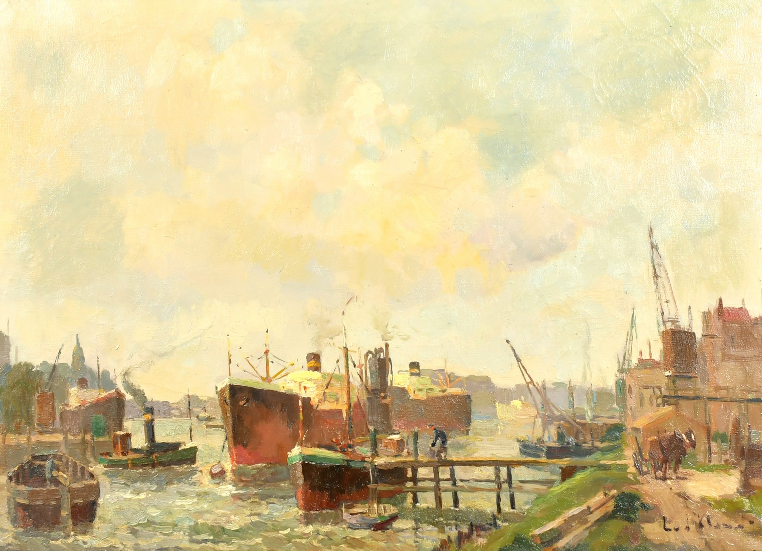 Early 20th Century Continental School, ships and barges on a busy city river with a horse and