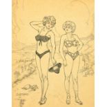 Walter Macdade, circa 1957, An ink drawing of two females in bikinis, signed and dated, 10.75" x 8",