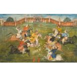 19th Century Indian School, a watercolour of men on horses playing polo, script verso, a page from a