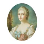 19th Century School, Oval portrait of a pretty lady wearing a white dress with a blue bow and