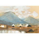 After Paul Henry, Crofters cottages near a pond with mountains beyond, watercolour with white