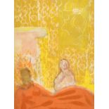 Circle of Pierre Bonnard, Two figures in a stylized interior, mixed media, pencil and gouache, 10.