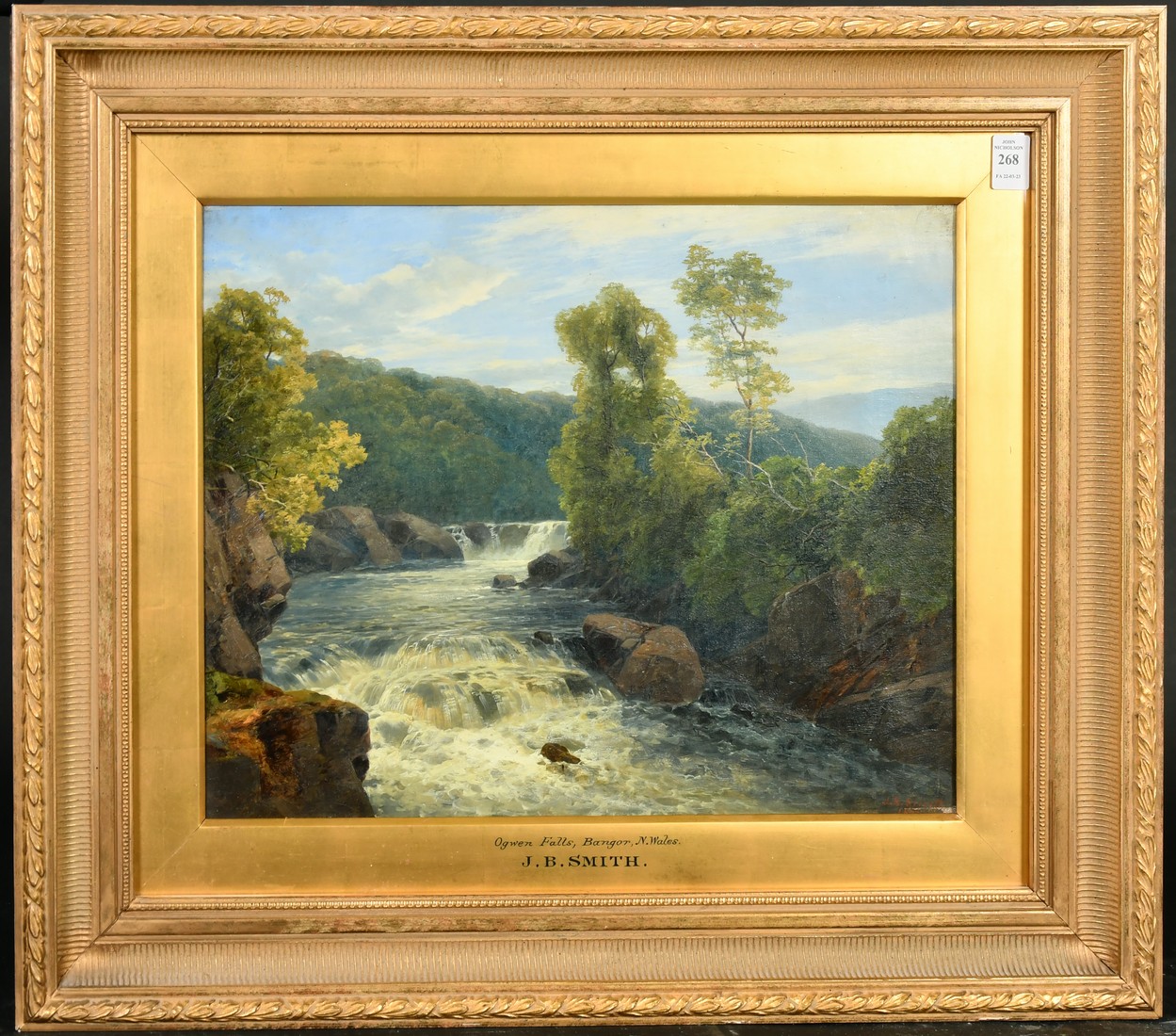 J. B. Smith (19th Century) British, 'Ogwen Falls, Bangor, N. Wales', waterfalls in landscape, oil on - Image 2 of 4