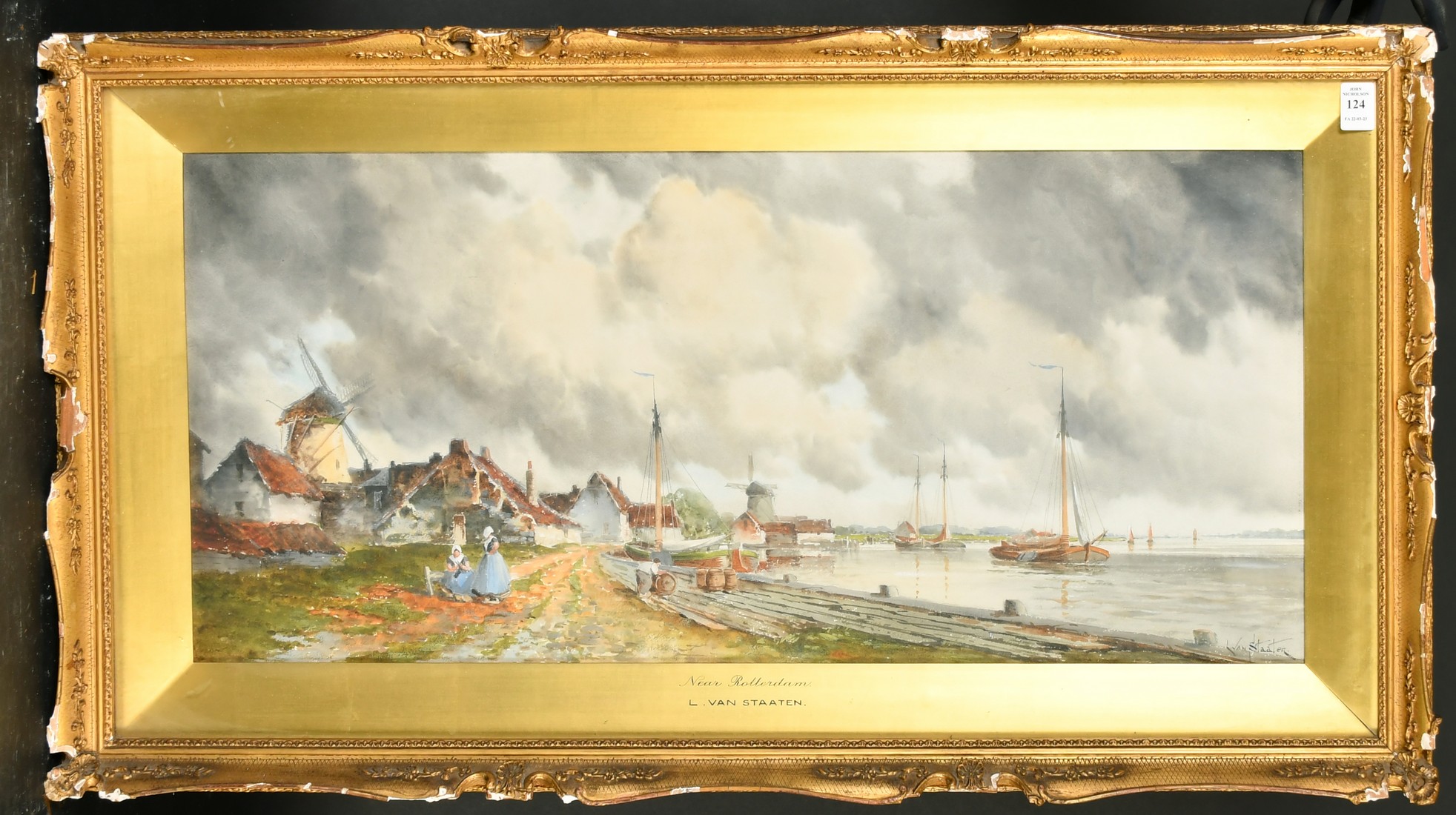 Louis Van Staaten (1836-1909), Hermanus Koekkoek II, 'Near Rotterdam, figures and boats by a quay, - Image 2 of 4