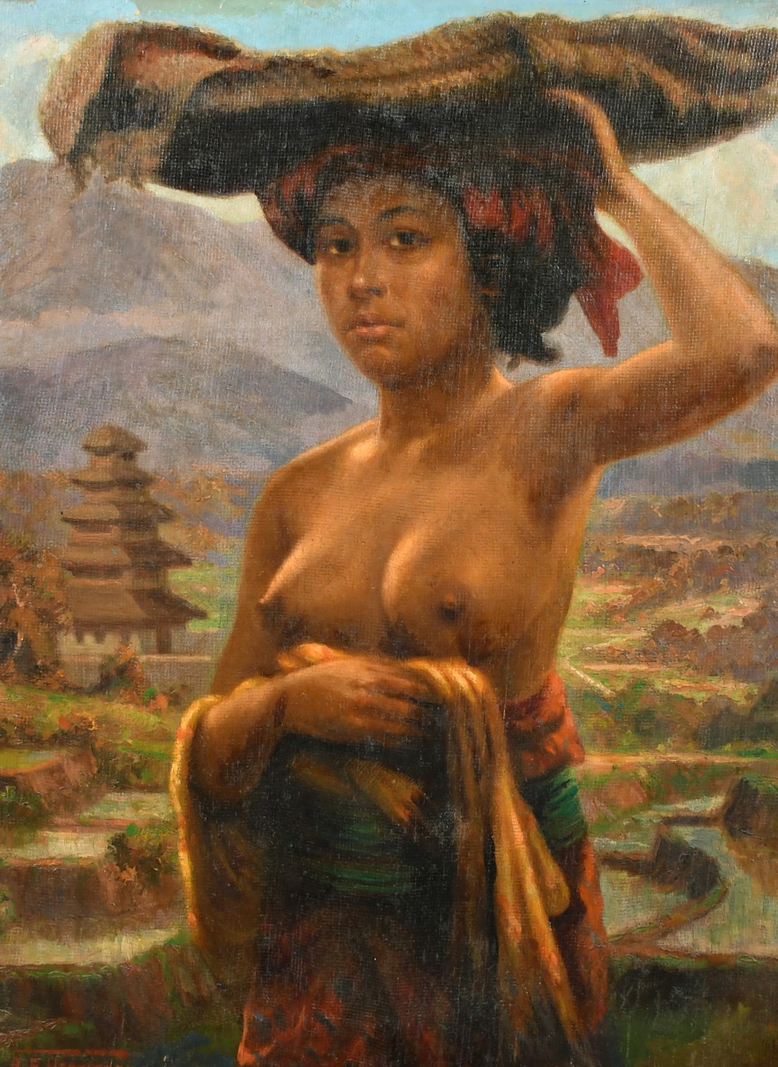 A. E. Herrmann (first half 20th Century), a portrait study of a Balinese woman in a landscape, oil