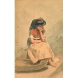 19th Century, a study of a contemplative female figure in Continental dress, watercolour, signed