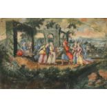 An Antique extended fan painting of elegant figures conversing in a garden near ruins, paper laid