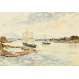 Paul Lucien Maze (1887-1979) French/British, tall ships moored in a cove, watercolour, signed, 10" x