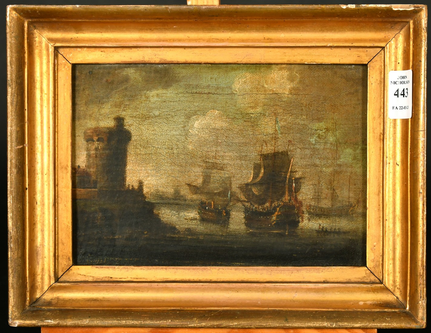 18th Century School, possibly Dutch, ships approaching a fortified harbour, oil on canvas, 5.75" x - Image 2 of 3