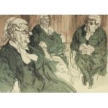 Feliks Topolski, Three judges seated, colour lithograph, numbered 225/250 and signed, paper size 21"