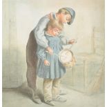 Circle of Edouard Frere, late 19th Century, two children playing with a drum, watercolour, 14" x