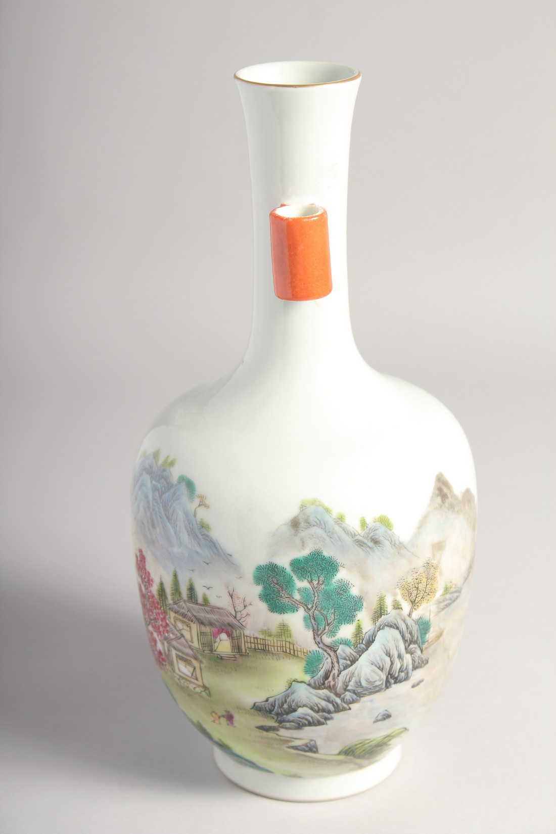 A CHINESE FAMILLE ROSE TWIN HANDLE VASE, painted with a mountainous landscape, the base with six- - Image 4 of 7