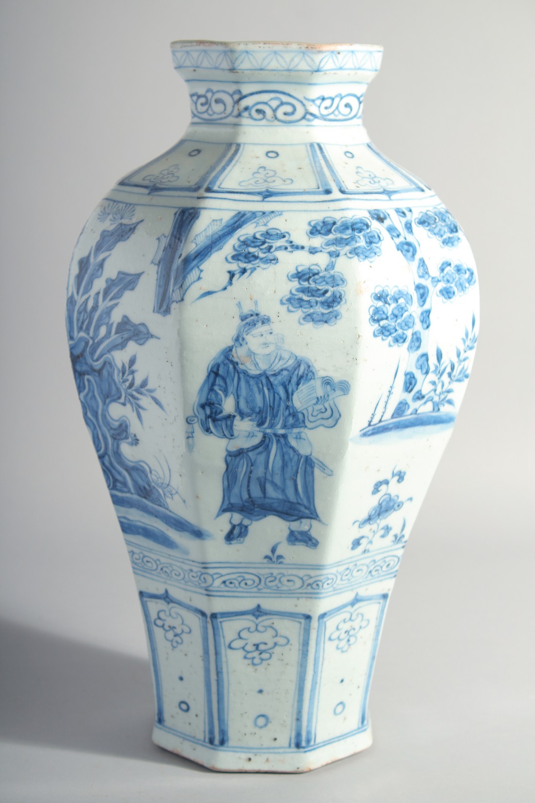 A LARGE CHINESE BLUE AND WHITE GLAZED POTTERY VASE, painted with figures and flora, 42cm high. - Image 2 of 6