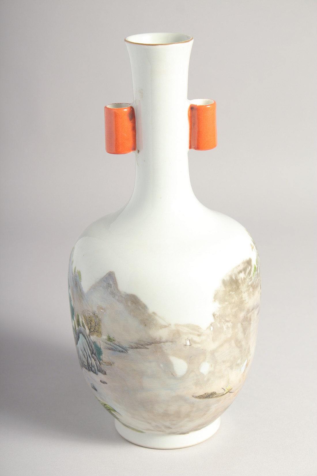 A CHINESE FAMILLE ROSE TWIN HANDLE VASE, painted with a mountainous landscape, the base with six- - Image 3 of 7