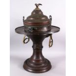 A 19TH CENTURY TURKISH MANGAL BRONZE INCENSE BURNER AND COVER, with two sets of twin handles, and