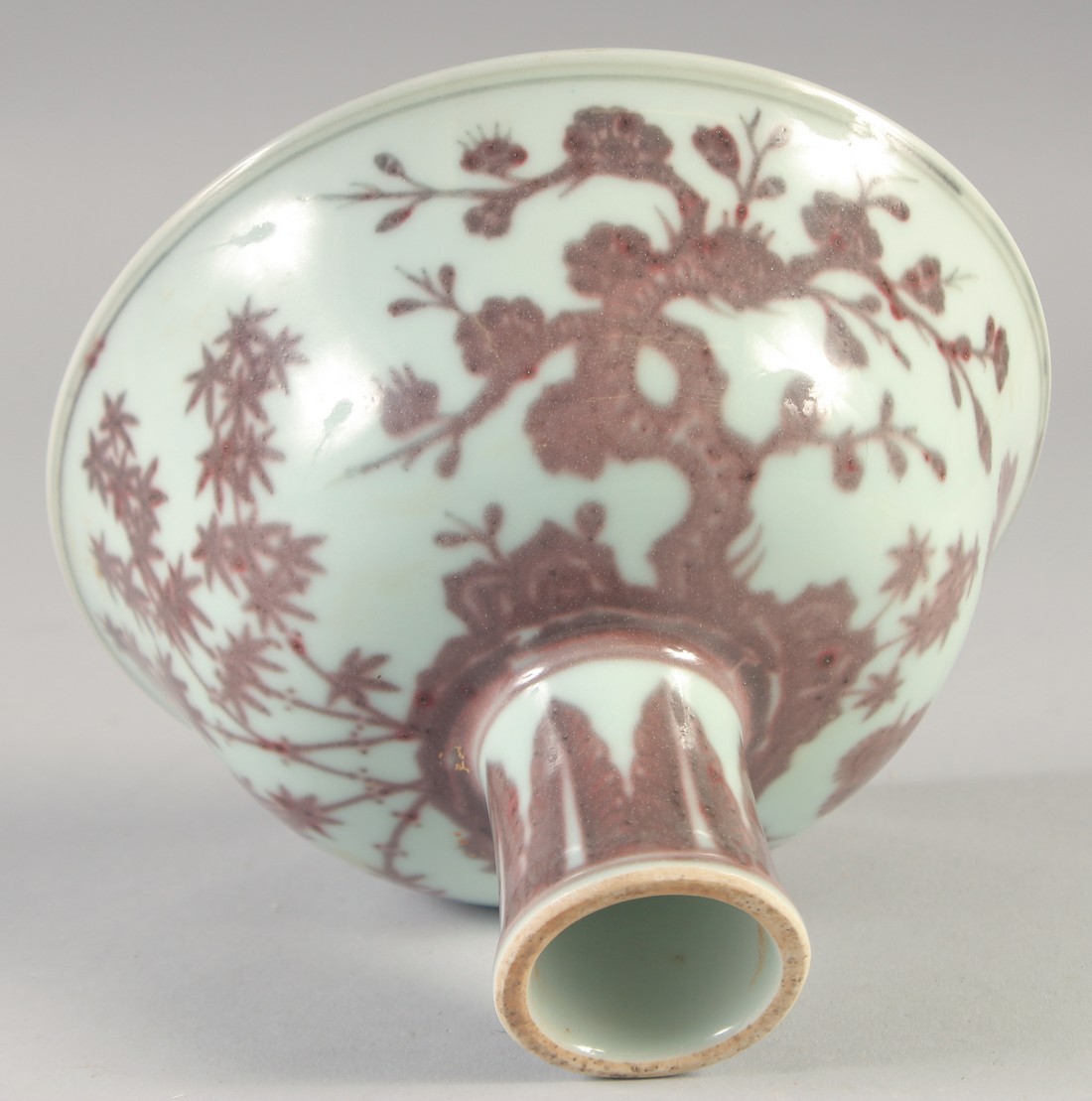 A CHINESE UNDER GLAZE RED PORCELAIN STEM BOWL, the interior with six-character mark, bowl 17cm - Image 6 of 6