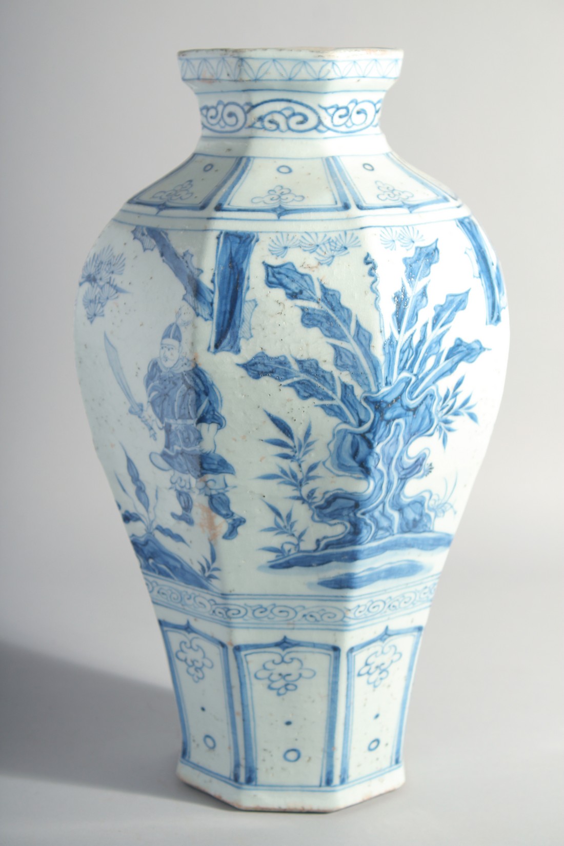 A LARGE CHINESE BLUE AND WHITE GLAZED POTTERY VASE, painted with figures and flora, 42cm high. - Image 3 of 6